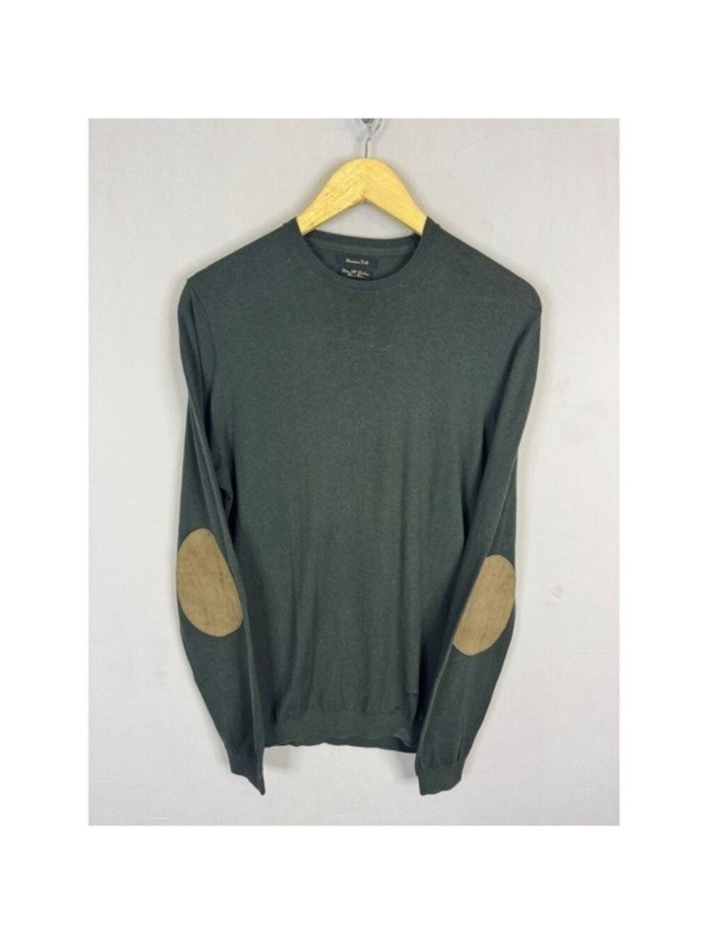 Massimo Dutti Mens Green Cotton Silk Cashmere Elbow Patch Crewneck Sweater M